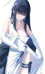  1girl bare_shoulders black_hair blue_archive blue_hair breasts cleavage closed_mouth commentary_request dress flower garter_straps gloves grey_eyes hair_flower hair_ornament halo holding holding_knife holding_weapon knife knife_sheath large_breasts long_hair looking_down mouth_hold multicolored_hair official_alternate_costume official_alternate_hairstyle okano_yuuto one_eye_closed panties saori_(blue_archive) saori_(dress)_(blue_archive) sheath signature simple_background thighhighs two-tone_hair underwear weapon white_background white_dress white_flower white_gloves white_panties white_thighhighs 