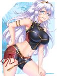  1girl alternate_breast_size alternate_hair_color armlet bare_shoulders bikini black_bikini blue_eyes brand_of_the_exalt breasts commission english_commentary etchimune fire_emblem fire_emblem_awakening fire_emblem_cipher hair_between_eyes hand_on_own_hip hand_on_own_knee leaning_forward long_hair looking_at_viewer lucina_(fire_emblem) medium_breasts navel official_alternate_costume open_mouth simple_background smile solo stomach swimsuit thighs tiara 