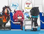  1girl 1other airplane_interior arknights boots bottle cart coffee_or_tea_(meme) commentary_request cup doctor_(arknights) drinking_glass english_text hair_intakes hood horns jacket jitome kitara_koichi logo long_hair mask meme red_hair scarf sitting surtr_(arknights) travel_attendant twitter_username wine_bottle wine_glass 