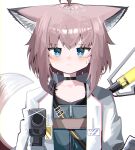  1girl absurdres ahoge aiming aiming_at_viewer animal_ear_fluff animal_ears arknights black_choker blue_dress blue_eyes blush breasts brown_hair choker cleavage closed_mouth collarbone dress fox_ears fox_girl fox_tail gloves gun hair_between_eyes highres holding holding_gun holding_weapon jacket looking_at_viewer open_clothes open_jacket simple_background solo spam_(spamham4506) sussurro_(arknights) sweat tail upper_body weapon white_background white_gloves white_jacket 