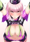  belt bikini black_hat blush braid breasts commentary_request fate/grand_order fate_(series) florence_nightingale_(fate/grand_order) garrison_cap gloves green_bikini green_gloves green_legwear hanging_breasts hat highres large_breasts layered_bikini leaning_forward looking_at_viewer microskirt nurse_cap open_mouth pink_belt pink_bikini pink_hair purple_belt purple_bikini purple_hat revealing_clothes saku_(saku1151) short_sleeves shrug_(clothing) side-tie_bikini single_braid skirt solo swimsuit thighhighs_under_boots trick_or_treatment 