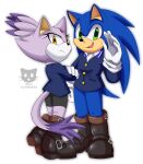  1boy 1girl animal_ears bike_shorts blaze_the_cat blue_fur blue_jacket boots cat_ears cat_girl cat_tail crossed_arms forehead_jewel furry furry_female furry_male gloves green_eyes highres jacket looking_at_viewer mikune19 ponytail signature simple_background sonic_(series) sonic_the_hedgehog tail white_background white_gloves yellow_eyes 