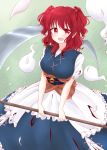  asuka_(k-chinatsu-823) breasts commentary_request hair_bobbles hair_ornament hitodama holding holding_scythe looking_at_viewer obi onozuka_komachi open_mouth petals red_eyes red_hair sash scythe solo standing touhou two_side_up 