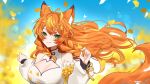  1girl animal_ear_fluff animal_ears antenna_hair autumn_leaves blonde_hair blurry blurry_background braid breasts china_dress chinese_clothes chiyubiya cleavage cleavage_cutout clothing_cutout commission detached_sleeves dress falling_leaves fox_ears fox_girl fox_tail green_eyes highres indie_virtual_youtuber k_(art71) leaf long_hair orange_hair puffy_detached_sleeves puffy_sleeves skeb_commission solo tail tassel thank_you twin_braids twitter_username upper_body virtual_youtuber white_dress white_sleeves yellow_tassel 