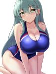  1girl aqua_eyes aqua_hair blue_one-piece_swimsuit blush breasts covered_navel dated hair_between_eyes hair_ornament hairclip highres huge_breasts kantai_collection kneeling large_breasts long_hair looking_at_viewer montemasa one-piece_swimsuit simple_background smile solo suzuya_(kancolle) swimsuit two-tone_swimsuit white_background 