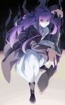  1girl absurdres black_coat black_footwear black_robe breasts closed_mouth coat dress fern_(sousou_no_frieren) full_body highres holding holding_staff large_breasts long_hair long_sleeves looking_at_viewer mage_staff mukunokino_isshiki purple_eyes purple_pupils robe solo sousou_no_frieren staff straight_hair white_dress 