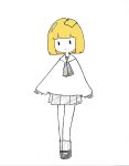  1girl absurdres ascot blonde_hair blunt_bangs bob_cut closed_mouth food food_on_head full_body greyscale highres legs_together long_sleeves looking_at_viewer medium_hair miniskirt mixed_media monochrome noise_(n0ls3) object_on_head original ribbed_socks sailor_collar sailor_shirt school_uniform serafuku shirt shoes simple_background sketch skirt sliced_cheese smile solo spot_color standing traditional_media white_background 