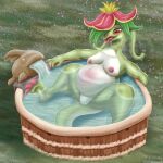 absurd_res anthro areola blush breasts claws dinosaur dinossom egg elemental_creature female flora_fauna green_body heartlessangel3d hi_res hot_tub nipples oviposition pal_(species) palworld petals pink_areola pink_nipples plant pocketpair pregnant pregnant_anthro pregnant_female red_eyes reptile scalie smile solo spread_legs spreading toe_claws tongue tongue_out water white_body