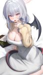  1girl :p absurdres alternate_costume blue_archive blush breasts cleavage doodle_sensei_(blue_archive) dress halo hand_up haruna_(blue_archive) highres large_breasts long_hair long_sleeves looking_at_viewer purple_eyes red_halo sensei_(blue_archive) solo sp123 tail tongue tongue_out white_dress white_hair wings 