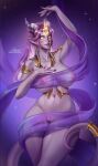  1girl absurdres amori_sama artist_name blush breasts collarbone colored_sclera draenei dragon_horns highres horns large_areolae large_breasts lightforged_draenei long_hair looking_at_viewer navel nipples pink_hair pointy_ears purple_ribbon pussy ribbon see-through see-through_ribbon signature solo tail tail_ornament tail_ring twitter_username warcraft web_address yellow_eyes yellow_sclera 