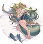  1girl absurdres ahoge ayacho bare_legs barefoot bed_sheet blush bow commission dress frilled_dress frills full_body green_bow green_dress green_footwear green_hair green_horns green_tail hair_between_eyes hair_bow hair_bun highres horns hugging_own_tail hugging_tail korean_commentary long_hair long_sleeves looking_at_viewer lying mixed-language_commentary multicolored_bow on_side one_eye_closed open_mouth original pointy_ears red_bow red_eyes second-party_source shoes single_hair_bun skeb_commission smile solo tail toes two-tone_dress unworn_shoes white_dress 