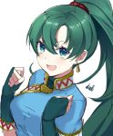  earrings fingerless_gloves fire_emblem fire_emblem:_rekka_no_ken fire_emblem_heroes gloves green_eyes green_hair high_ponytail jewelry long_hair lyndis_(fire_emblem) open_mouth ponytail ringozaka_mariko smile solo 