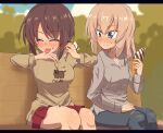  2girls animal_print blue_eyes blue_pants brown_hair brown_sweater casual cat_print closed_eyes closed_mouth commentary day food food_on_body food_on_clothes food_on_face food_on_hand food_on_legs girls_und_panzer grey_hair grey_shirt highres holding holding_food ice_cream itsumi_erika jinguu_(4839ms) letterboxed licking long_sleeves looking_at_another medium_hair miniskirt multiple_girls nishizumi_maho outdoors pants pleated_skirt print_sweater red_skirt shirt short_hair sitting skirt smile sweatdrop sweater tongue tongue_out v-neck 
