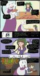 aliza_(horrortale) alternate_universe anthro bodily_fluids boss_monster_(undertale) bovid brown_hair caprine clothing comic dessert dialogue english_text female food green_eyes hair hi_res horrortale human mammal open_mouth pastry pie sour-apple-studios speech_bubble text toriel toriel_(horrortale) undertale undertale_(series) vomit vomiting white_body