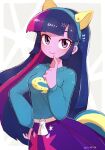  1girl absurdres animal_ears blue_jacket colored_skin dated fake_animal_ears fake_tail headband highres jacket long_hair looking_at_viewer multicolored_hair my_little_pony my_little_pony:_equestria_girls my_little_pony:_friendship_is_magic nendo23 personification pink_hair purple_eyes purple_hair purple_shirt purple_skin school_uniform shirt simple_background smile solo streaked_hair tail twilight_sparkle 