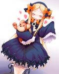  1girl abigail_williams_(fate/grand_order) anbee_(arary) blonde_hair bloomers blue_hairband blush bow bug butterfly dress dutch_angle eyes_closed facial_mark fate/grand_order fate_(series) female forehead_mark gradient gradient_background hair_bow hairband hands_up heart highres holding insect key legs_together long_hair long_sleeves open_mouth orange_bow peeing peeing_self polka_dot polka_dot_bow puddle purple_bow purple_dress simple_backgorund sleeves_past_fingers sleeves_past_wrists smile solo standing stuffed_animal stuffed_bear stuffed_toy sweat tears trembling underwear very_long_hair white_background white_bloomers 