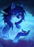 anthro blue_eyes blue_hair blush breasts cave digital_media_(artwork) drop female fur girly hackainax hair heart_symbol hi_res nude open_mouth reptile scalie smile solo tsunami turtle water