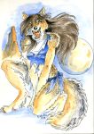  2018 amber_eyes angry anthro black_fur black_hair breasts canine clothed clothing coyote fangs female fur hair heather_bruton mammal moon open_mouth outside snarling tan_fur tattered_clothing torn_clothing were werecoyote white_fur 