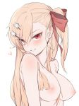  areolae bangs blush bow braid breasts commentary_request eyebrows_visible_through_hair girls_frontline hair_between_eyes hair_bow hair_ornament hair_ribbon hairclip heart hexagram highres jingo korean_commentary long_hair looking_at_viewer medium_breasts negev_(girls_frontline) nipples nude one_side_up partial_commentary pink_hair red_bow red_eyes ribbon simple_background smirk solo star_of_david upper_body white_background 