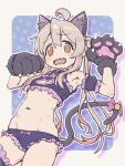  1girl @_@ absurdres animal_ears animal_hands arm_garter armpits bell bow bow_panties bra breasts bridal_garter cat_cutout cat_ears cat_lingerie cat_paws cat_tail cleavage_cutout clothing_cutout commentary_request fake_animal_ears fake_tail fang frilled_bra frills gloves grey_hair hair_between_eyes highres jingle_bell long_hair matado_(almukha) meme_attire multicolored_hair navel onii-chan_wa_oshimai! open_mouth orange_eyes oyama_mahiro panties paw_gloves pink_hair purple_bra purple_panties small_breasts solo streaked_hair tail tail_bell tail_ornament twintails underwear wavy_mouth 