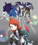  alakazam bat_wings bowing claws clenched_hand commentary_request crobat fang feraligatr fingerless_gloves gengar gloves grey_background leg_grab magneton male_focus multiple_views official_alternate_costume okiza_yuuri pokemon pokemon_(creature) pokemon_hgss pokemon_masters_ex red_hair silver_(pokemon) silver_(sygna_suit)_(pokemon) sneasel standing tail wings 