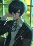  1boy black_jacket black_ribbon blue_eyes blue_hair closed_mouth cloud cloudy_sky collared_shirt commentary_request digital_media_player gekkoukan_high_school_uniform green_sky hair_between_eyes hand_up hcnunm headphones headphones_around_neck highres jacket long_sleeves looking_at_viewer male_focus neck_ribbon open_clothes open_jacket persona persona_3 persona_3_reload ribbon school_uniform shirt short_hair sky solo upper_body white_shirt window yuuki_makoto_(persona_3) 