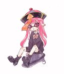  1girl between_legs bike_shorts black_cardigan black_footwear black_shorts black_skirt black_socks bloblobber_(splatoon) bow bowtie cardigan chinese_commentary closed_mouth collared_shirt film_grain frown full_body hand_between_legs hat highres inkling_girl inkling_player_character long_hair long_sleeves looking_at_viewer miniskirt ofuda pink_eyes pink_hair pleated_skirt pointy_ears qingdai_guanmao school_uniform shirt shorts simple_background sitting skirt socks solo splatoon_(series) striped_bow striped_bowtie striped_clothes tentacle_hair thenintlichen96 white_background white_shirt 