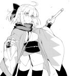  10mo 1girl ahoge arm_guards black_bow black_scarf bow breasts cowboy_shot fate_(series) greyscale hair_between_eyes hair_bow half_updo haori highres holding japanese_clothes katana kimono koha-ace monochrome obi okita_souji_(fate) okita_souji_(koha-ace) open_mouth sash scarf shinsengumi short_hair short_kimono simple_background sleeveless sleeveless_kimono solo sword thighhighs weapon white_background white_kimono 