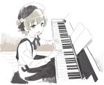  1girl beret black_headwear black_skirt brown_eyes grey_hair hat hatoba_tsugu highres instrument long_sleeves music open_mouth piano playing_instrument playing_piano shirt short_hair sitting skirt solo stool suspender_skirt suspenders take_no_(xtc65_0) tsugu_(vtuber) virtual_youtuber white_shirt 