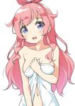  1girl bare_arms blue_eyes blush bow breasts collarbone covering_privates flipped_hair hair_bow hairband hand_up holding holding_towel kiratto_pri_chan long_hair looking_at_viewer medium_breasts momoyama_mirai naked_towel navel nude_cover open_mouth pink_hair pretty_series red_hairband sainyan_(strong7) simple_background smile solo swept_bangs towel upper_body wavy_hair wet white_background white_towel 