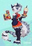 abstract_background anthro apron beverage blush bottomwear cheek_tuft chest_tuft claws clothing costume facial_tuft fast_food fast_food_uniform female fishnet fluffy fluffy_tail food footless_legwear freya_(nisvuthjusandre) fur furred_kobold grumpy hi_res horn kobold legwear milkshake skirt solo tail thigh_highs tuft waspsalad