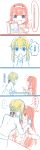  4koma :d blonde_hair blue_eyes blush book bow braid comic crossover darling_in_the_franxx eyebrows_visible_through_hair fang french_braid hair_between_eyes hair_bun hair_intakes hair_ornament hairband highres horns kiss long_hair long_sleeves looking_at_another military military_uniform motion_lines multiple_girls necktie open_mouth orange_neckwear pink_hair pointing red_bow red_horns season_connection slms smile sweatdrop translation_request uniform violet_evergarden violet_evergarden_(character) yuri zero_two_(darling_in_the_franxx) 