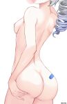  ass ass_focus ass_grab breasts chewing_gum completely_nude drill_hair from_behind grabbing_own_ass grey_hair hideharu highres honkai:_star_rail honkai_(series) nipples nude ponytail silver_wolf_(honkai:_star_rail) small_breasts twitter_username white_background 