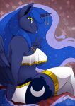 absurd_res anthro big_breasts breasts clothed clothing digital_media_(artwork) equid equine female friendship_is_magic gesture gold_(metal) hand_gesture hasbro hi_res horn looking_at_viewer mammal marvelous_managerie my_little_pony mythological_creature mythological_equine mythology princess_luna_(mlp) simple_background smile solo tail thick_thighs tongue tongue_out v_sign winged_unicorn wings