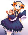  1girl abigail_williams_(fate/grand_order) anbee_(arary) blonde_hair bloomers blue_eyes blue_hairband blush bow bug butterfly closed_mouth dress dutch_angle eyebrows_visible_through_hair facial_mark fate/grand_order fate_(series) female forehead_mark gradient gradient_background hair_bow hairband hands_up happy highres holding insect key legs_together long_hair long_sleeves orange_bow polka_dot polka_dot_bow purple_bow purple_dress simple_backgorund sleeves_past_fingers sleeves_past_wrists smile solo standing stuffed_animal stuffed_bear stuffed_toy underwear very_long_hair white_background white_bloomers 