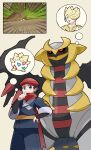  1boy alternate_hairstyle beret black_sclera colored_sclera galaxy_expedition_team_survey_corps_uniform giratina giratina_(altered) hand_on_own_hip hat highres imagining kenn_pichi pokemon pokemon_(creature) pokemon_legends:_arceus pokemon_masters_ex red_scarf rei_(pokemon) scarf togepi volo_(pokemon) wings 