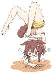  1girl :3 animal_ears arm_behind_back balancing bone_hair_ornament braid brown_hair brown_tail deformed dog_ears dog_girl dog_tail full_scorpion furrowed_brow hair_between_eyes hair_ornament handstand heavy_breathing highres hololive inugami_korone jitome kai_(makkai) looking_ahead low-tied_medium_hair low_twin_braids medium_hair midriff nervous_sweating one_arm_handstand open_mouth red_eyes shirt shorts sidelocks simple_background solo sound_effect_request sweat tail tail_through_clothes trembling twin_braids veins virtual_youtuber white_background white_shirt wooden_floor yellow_shorts 