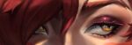  1girl close-up eye_focus eye_reflection eyelashes eyeliner highres league_of_legends looking_at_viewer makeup monkae_(m0nkaeee) red_eyeliner red_hair reflection solo straight-on xayah yellow_eyes 