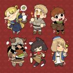  &gt;_&lt; 3boys 3girls :d ? animal_ears armor black_eyes blonde_hair boned_meat brown_hair cat_ears cat_girl cat_tail chibi chilchuck_tims closed_eyes closed_mouth commentary disgust dungeon_meshi dwarf elf fake_horns falin_thorden falin_thorden_(tallman) food halfling helmet highres holding holding_food horned_helmet horns izutsumi jupiterweathers laios_thorden long_hair marcille_donato meat multiple_boys multiple_girls open_mouth pointy_ears red_background senshi_(dungeon_meshi) short_hair simple_background smile spoken_expression standing tail yellow_eyes 