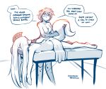  2018 anthro breasts canine casual_nudity dialogue duo english_text featureless_breasts feline female fur hair hair_over_eyes hybrid kathrin_(twokinds) keidran long_hair lying mammal massage monochrome nude on_front raine_(twokinds) side_boob simple_background sketch spots spotted_fur table text tom_fischbach tongue tongue_out towel transformation twokinds webcomic white_background wolf 