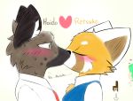  &lt;3 2018 aggressive_retsuko anthro black_fur black_nose blush cellphone clothed clothing english_text female fur green_eyes grey_fur haida hi_res hyena kissing male male/female mammal milkteafox phone red_panda retsuko simple_background spotted_hyena sweat tan_fur text white_background white_fur 