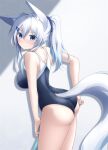  1girl animal_ear_fluff animal_ears arched_back ass bare_arms bare_shoulders black_one-piece_swimsuit blue_eyes breasts fox_ears fox_girl fox_tail from_side grey_background grey_hair leaning_forward long_hair looking_at_viewer looking_to_the_side medium_breasts one-piece_swimsuit original ponytail shirogane_kasane solo surume_aburi swimsuit tail 