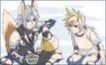  2boys aged_down animal_ears arm_armor arm_guards arm_up armor belt black_coat black_footwear black_gloves black_pants blonde_hair blue_eyes blue_pants boots brown_footwear clenched_hand cloud_strife coat commentary donbee_(food) donbee_kitsune_udon final_fantasy final_fantasy_vii final_fantasy_vii_ever_crisis fox_boy fox_ears fox_tail gai012 gloves green_eyes grey_hair hands_up holding_kettle instant_udon kemonomimi_mode kettle kitsune_udon knee_boots kneeling layered_sleeves long_hair looking_down low_ponytail male_focus medium_hair multiple_boys pants parted_bangs pauldrons sephiroth shirt shoulder_armor sitting slit_pupils smile spiked_hair tail upper_body white_shirt 