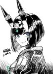  1girl b.d bob_cut breasts eyeliner fate/grand_order fate_(series) greyscale headpiece highres horn_ornament horn_ring horns japanese_clothes kimono long_sleeves looking_at_viewer looking_back makeup monochrome oni purple_eyes short_eyebrows shuten_douji_(fate) shuten_douji_(lostroom_outfit)_(fate) skin-covered_horns small_breasts smile solo spot_color 