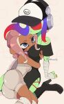  2girls agent_8_(splatoon) artist_name bandaged_arm bandages bare_shoulders baseball_cap between_breasts black_dress black_footwear blue_eyes blue_hair bodysuit boots bra_strap breasts brown_hair choker colored_skin dark-skinned_female dark_skin dedf1sh dress gradient_hair green_skin hat head_between_breasts headphones highres hug kiirono leg_warmers long_hair multicolored_hair multiple_girls octoling octoling_girl octoling_player_character red-tinted_eyewear red_hair side_slit sitting splatoon_(series) splatoon_3 splatoon_3:_side_order suction_cups tentacle_hair tinted_eyewear two-tone_hair wariza white_bodysuit white_choker white_leg_warmers 