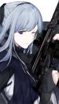  1girl ak-12 ak-12_(girls&#039;_frontline) assault_rifle black_gloves black_shirt blunt_bangs bow girls&#039;_frontline gloves grey_hair gun hair_between_eyes hair_bow holding holding_gun holding_weapon kalashnikov_rifle light_smile long_hair long_sleeves looking_at_viewer one_eye_closed optical_sight osterei partially_fingerless_gloves ponytail purple_eyes rifle shirt sidelocks solo swept_bangs weapon 