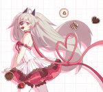  1girl absurdres ahoge arm_strap bright_pupils candy chocolate chyabsob djmax djmax_respect dress eyepatch fail_(djmax) food food_in_mouth heart heart-shaped_chocolate highres long_hair looking_at_viewer off-shoulder_dress off_shoulder red_eyes solo star_(symbol) thighhighs twintails white_background white_dress white_pupils white_thighhighs 