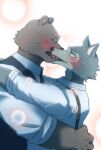anthro arms_around_shoulders arms_around_torso bear beastars black_necktie blue_body blue_clothing blue_fur blue_topwear blue_vest blush blush_lines bodily_fluids brown_body brown_fur canid canine canis clothed clothing collared_shirt day digital_media_(artwork) duo embrace eye_contact french_kissing fur half-length_portrait hi_res kissing larger_male legoshi_(beastars) lens_flare looking_at_another looking_at_partner male male/male male_kissing_male mammal necktie open_mouth portrait riz_(beastars) saliva school_uniform shaded sharp_teeth shinki_k shirt side_view simple_background size_difference sun sunny suspenders sweat sweatdrop teeth tongue tongue_in_mouth tongue_wrap topwear uniform vest white_clothing white_shirt white_topwear wolf