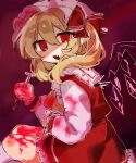  1girl ascot blonde_hair blood blood_on_clothes blood_on_face bow chicachang flandre_scarlet hat hat_ribbon highres holding mob_cap nail one_side_up open_mouth puffy_short_sleeves puffy_sleeves red_eyes ribbon short_sleeves side_ponytail skirt solo teeth touhou upper_teeth_only 