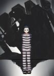 1boy arms_behind_back black_hair blue_eyes full_body highres long_sleeves looking_at_viewer m0rtalcoil0 male_focus mole mole_under_eye pants persona persona_3 pharos prison_clothes sandals simple_background standing striped_clothes thanatos_(persona) 